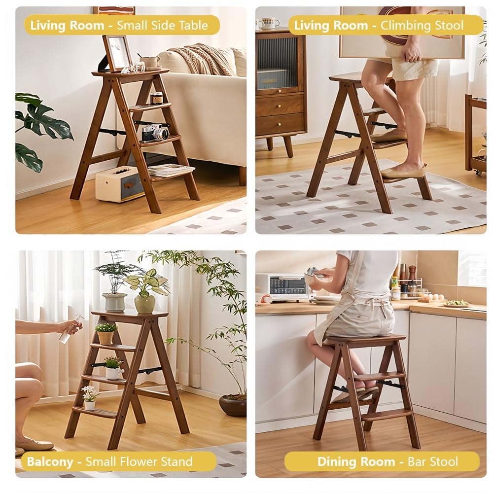Folding Step Stool Chair, Solid Wood 3-Step Ladder with Seat